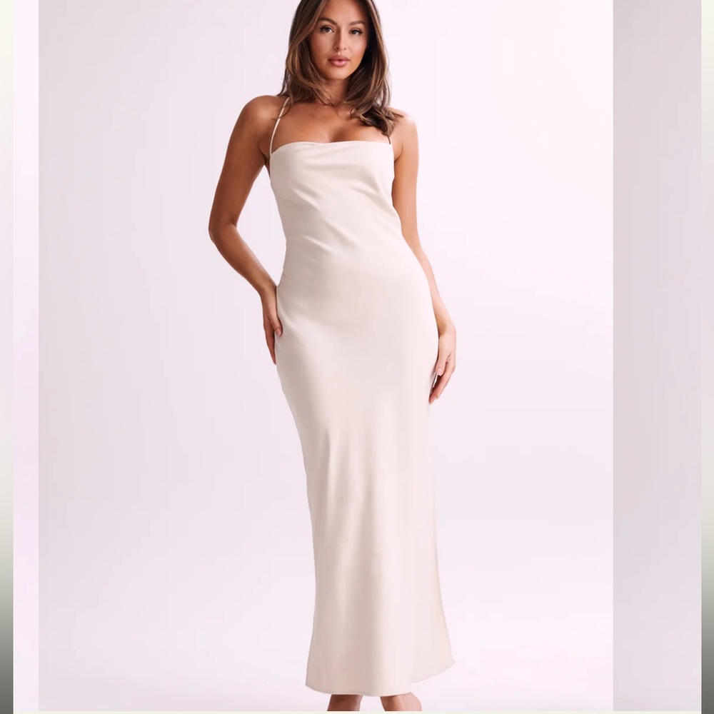 Meshki Cream Strapless Slim Maxi Gown